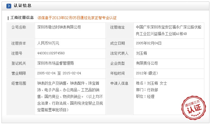 穩(wěn)達(dá)時手表認(rèn)證信息